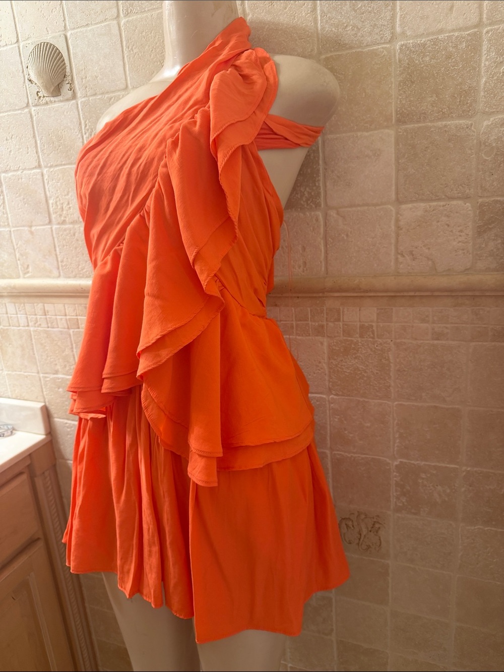 One-Shoulder Ruffle Mini Dress in Bright Orange - Picture 3 of 6